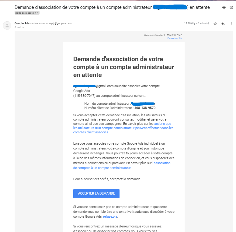 Notification de demande d'accès Google Ads en français